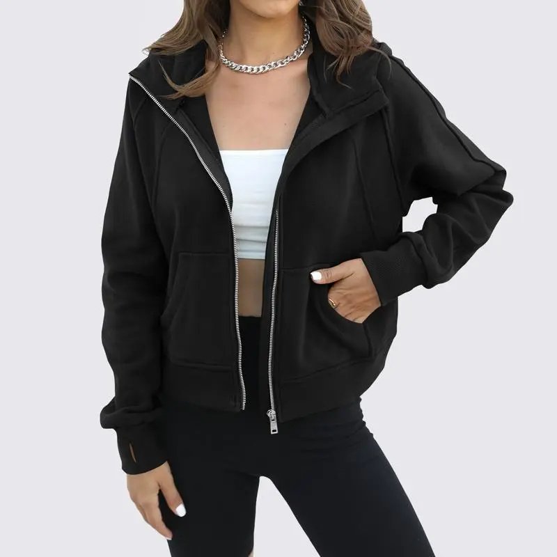 Womens Zip Up Sweatshirts Fleece Lined Collar Crop Hoodie Casual Cotton Long Sleeve Tops with Thumb Hole
