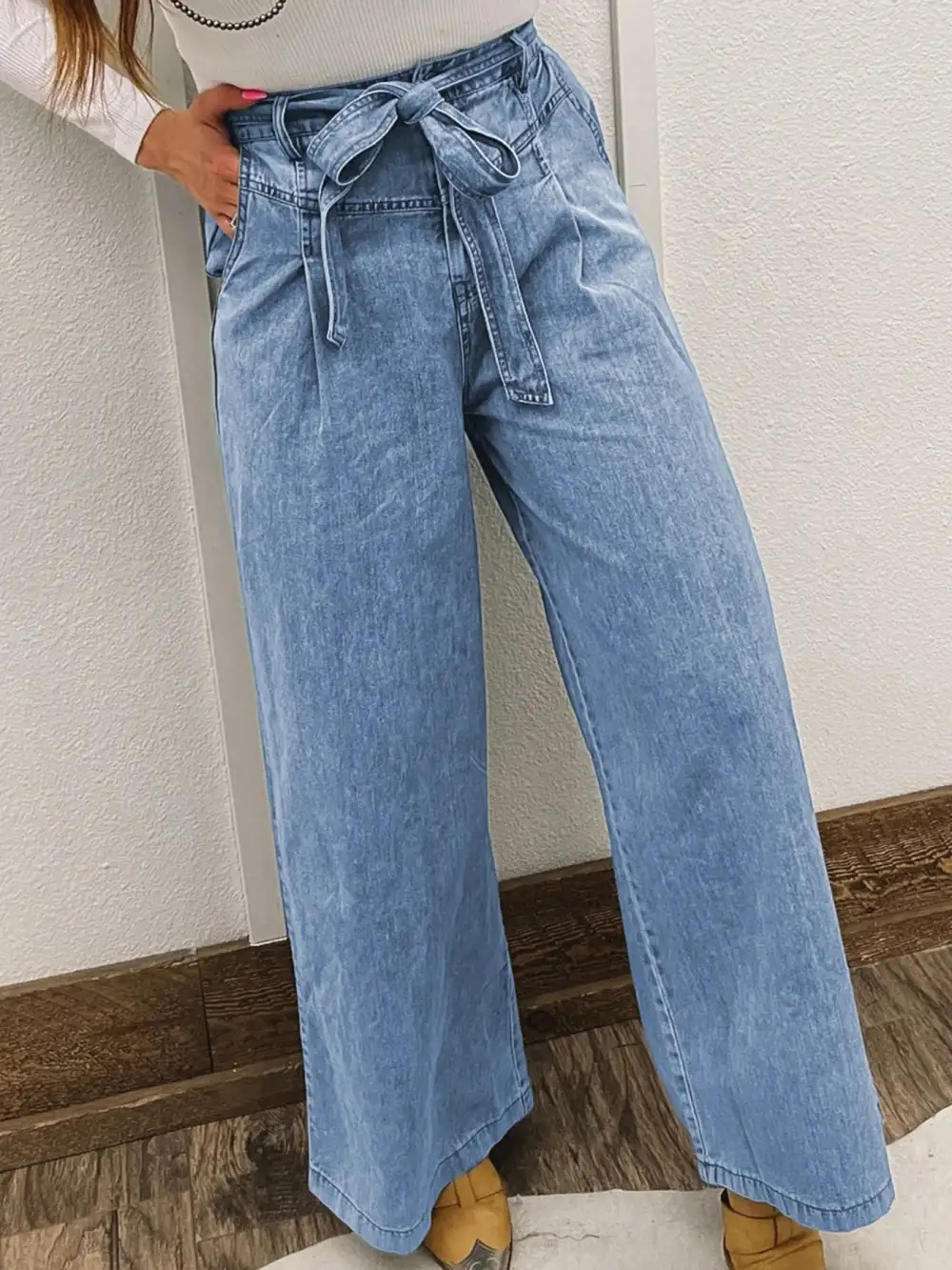 High Waisted Wide Leg Belted Denim Jeans