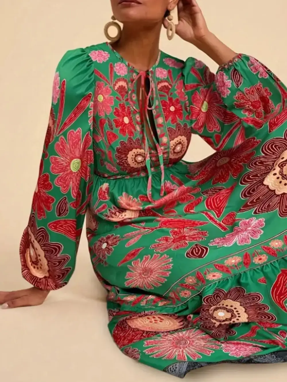 Floral Tie Waist Long Sleeve Dress Casual