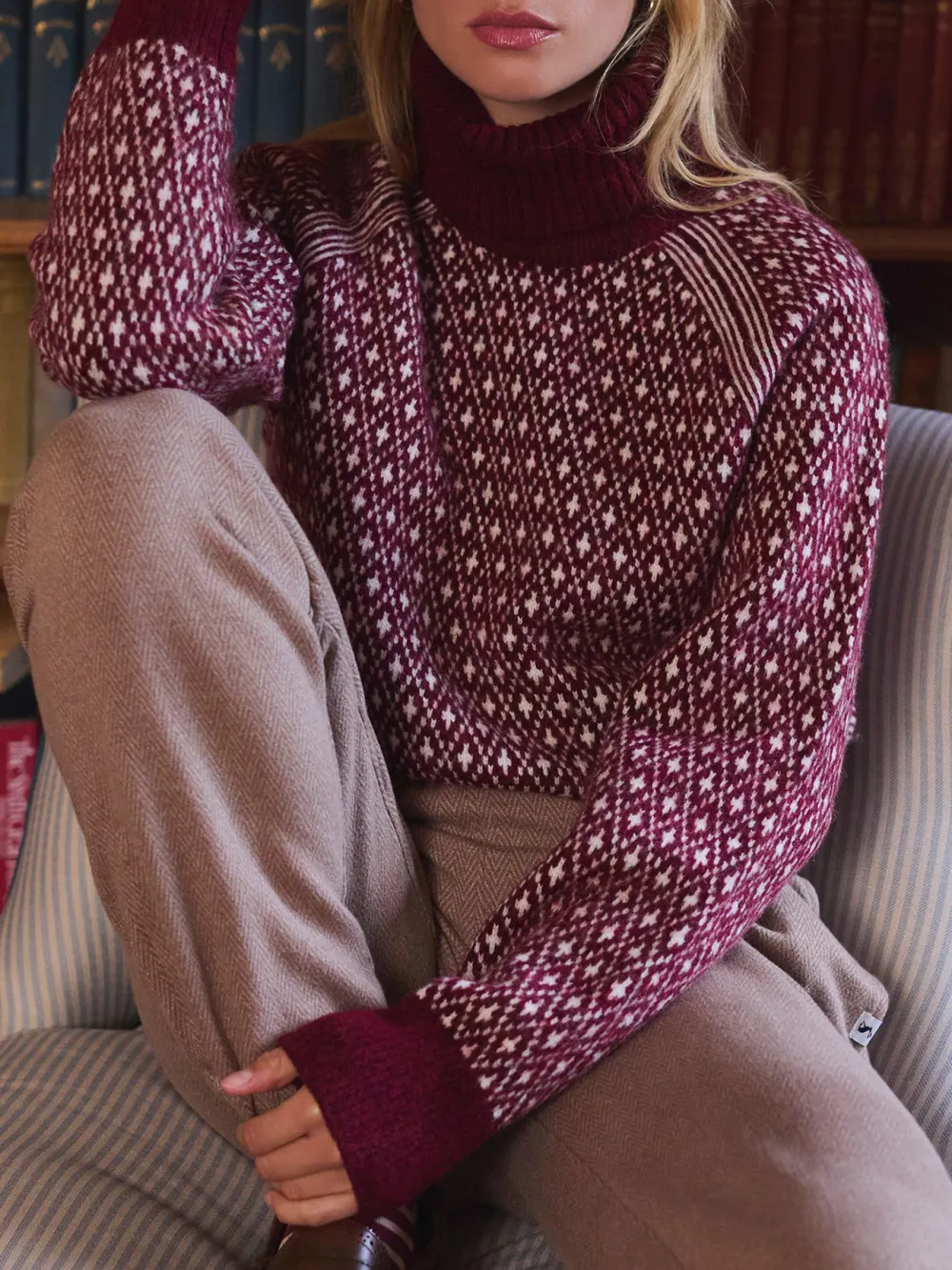 Cream/Red Patterned Jumper with Detachable Roll Neck