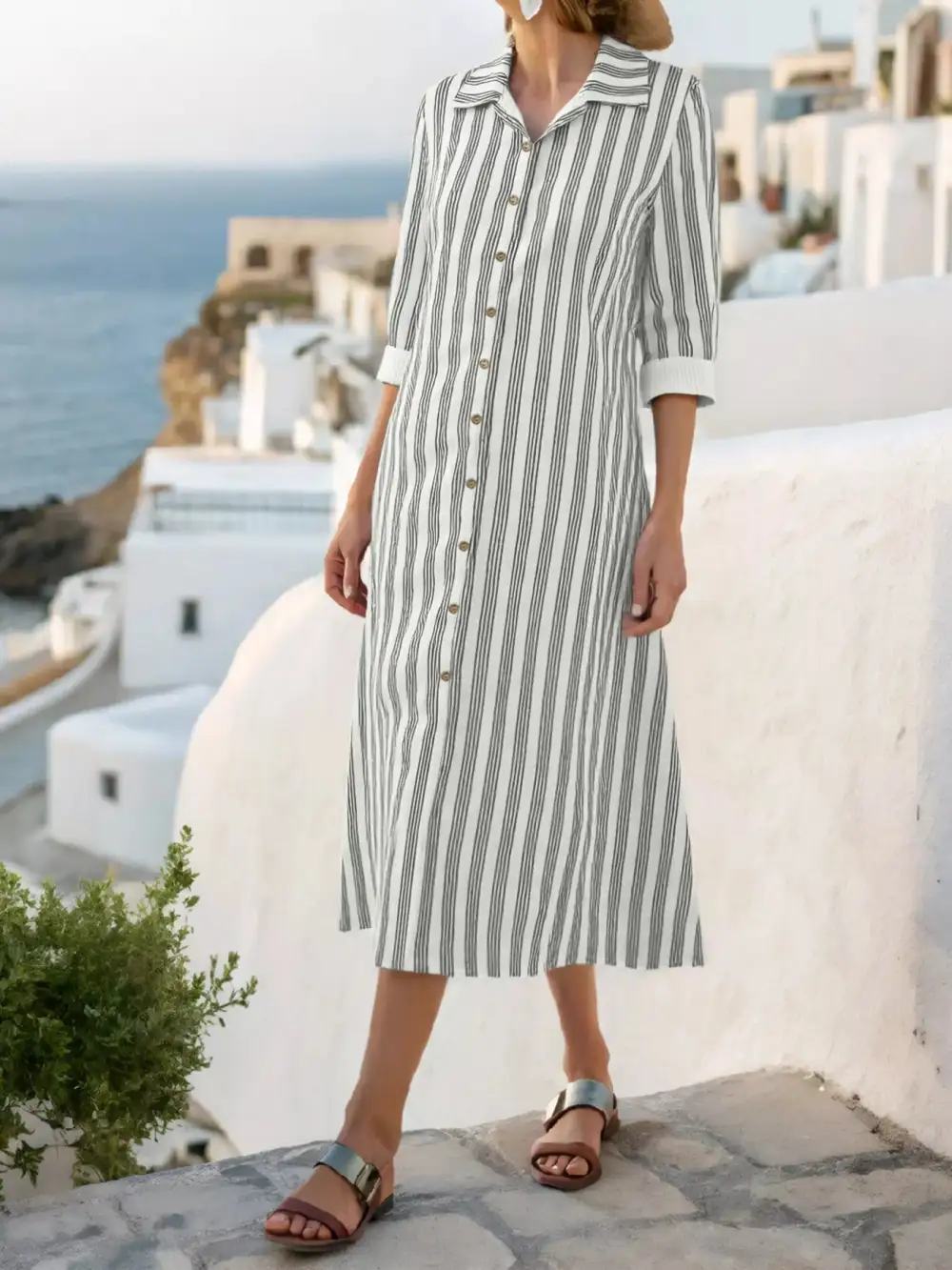 Drape Striped Button Front Midi Dress