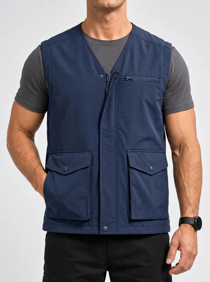 Multi-Pocket Zippered Front Cargo-Style Men's Sleeveless Utility Jacket
