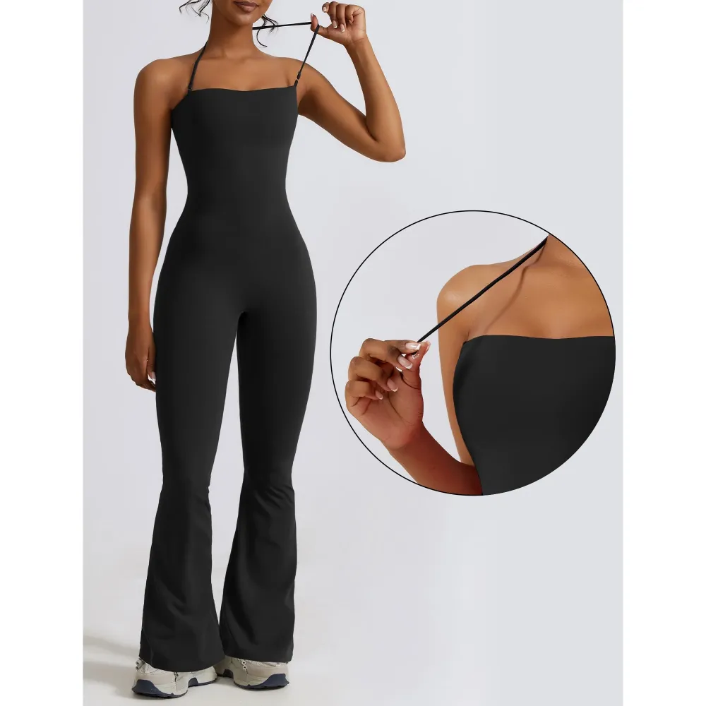 Women's Strapless Flared Yoga Jumpsuit – Fitness, Quick-Dry, Peach Hip Bodysuit