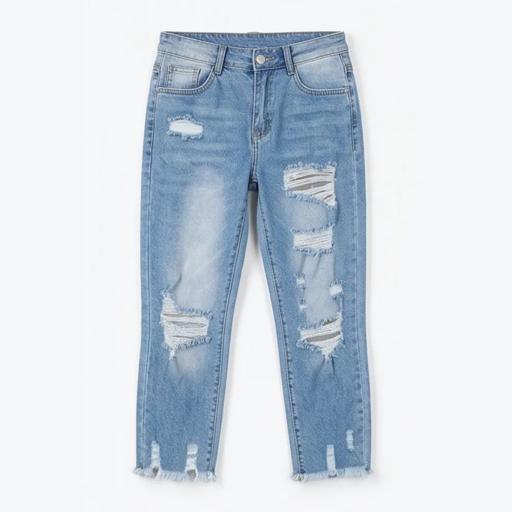 Soft Cotton Frayed-hem Capri Jeans