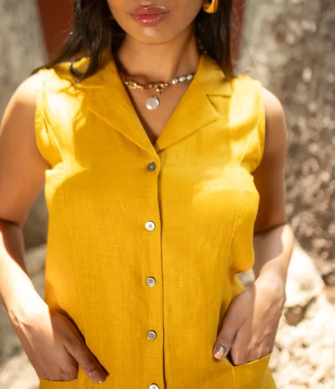Mustard Linen Notch-Collar Dress