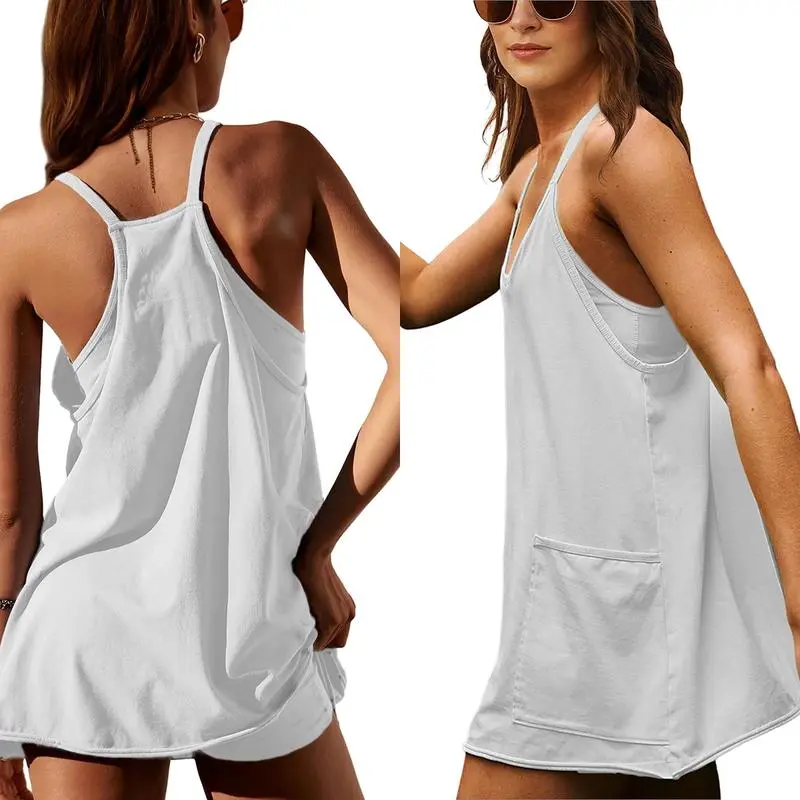 Women'S Womens Athletic Sleeveless Mini Dress With Built-In Shorts V Neck Spaghetti Strap Short Tennis Dress With Pockets