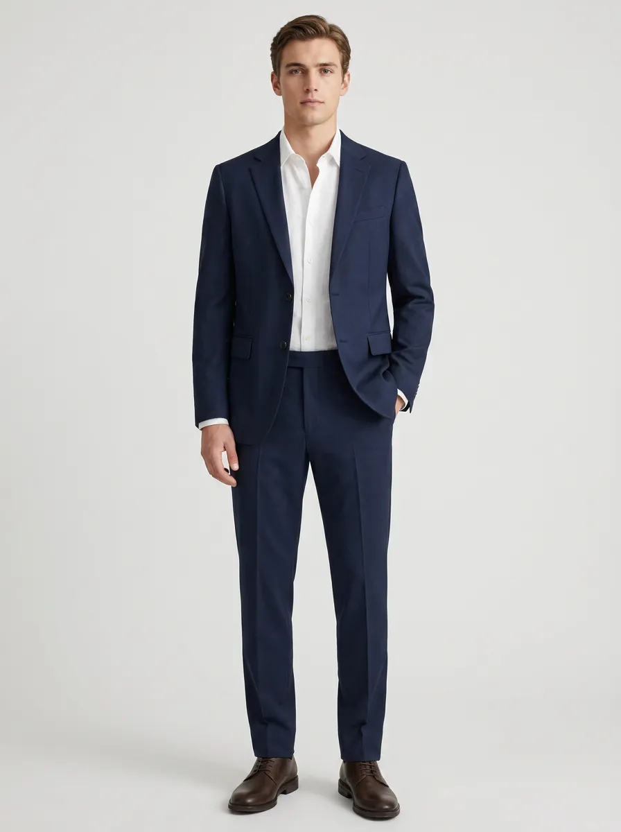 Men's Notched Lapel Business Formal Navy Blue Solid Color Tailored Suit