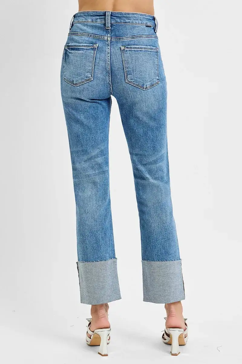 High-Rise Raw-Hem Distressed Washed Wide Straight Jeans
