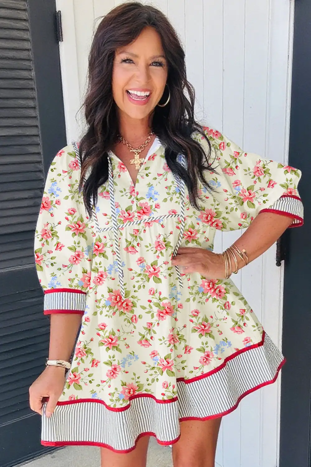 Relaxed Shape Floral Striped Puff Sleeve Dress