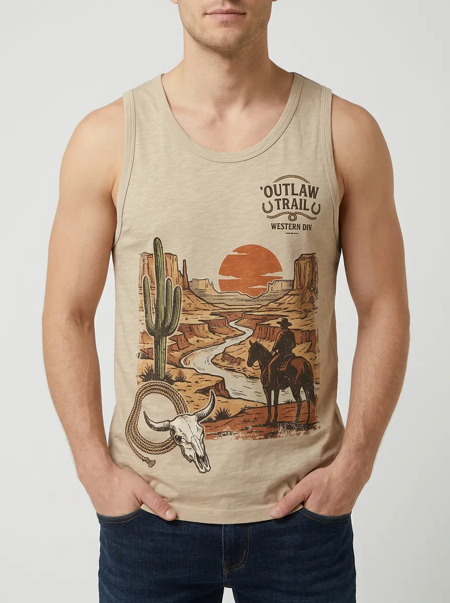 Men's Western Cowboy Outlaw Trail Cactus Skull Printed Tank Top