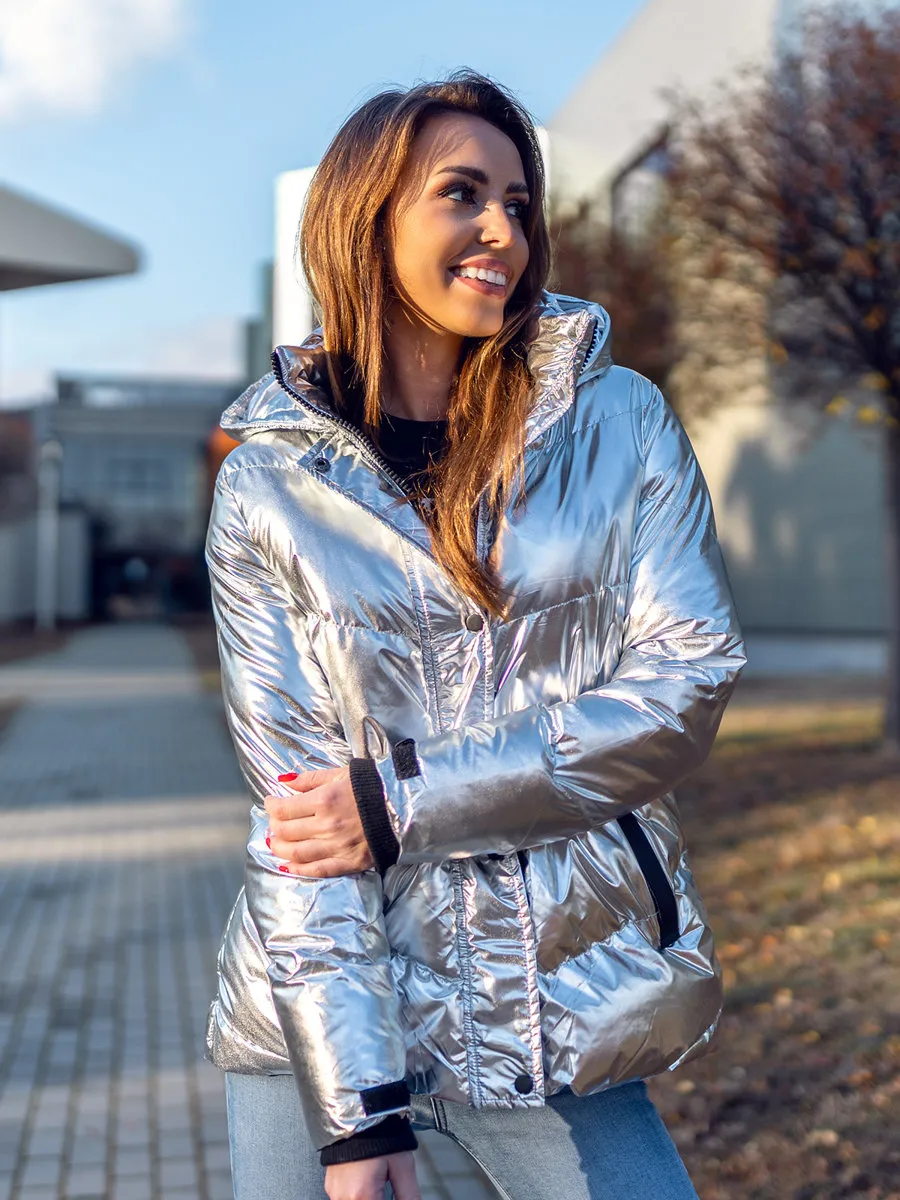 Women's Silver Quilted Winter Jacket With Hood