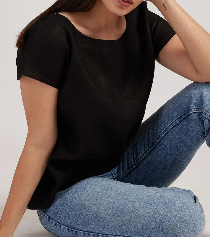 Black Linen Boat-Neck Top