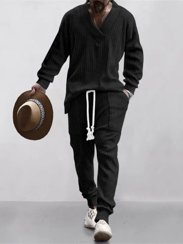 Men's Jacquard Drop Shoulder V Neck Top & Drawstring Waist Pants, Casual Fashion Pullover & Pocket Trousers for Daily Wear, Tracksuit Set, Tracksuits, Mens Jogger Sets, Sweat Suits Workout, Men's 2 Piece Set, Menswear, Clothes, Formal Wear, Sweat Set