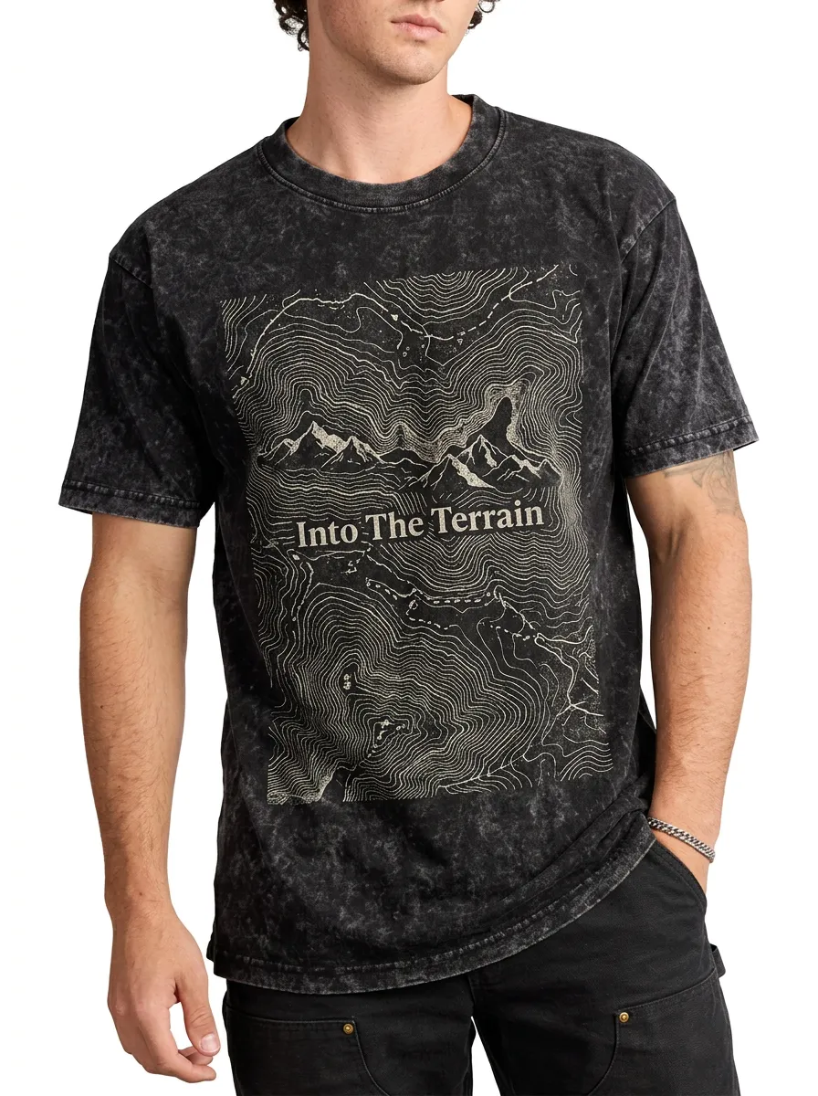 Men's Acid Wash Adventure Ridge Outdoor Hiking Into The Terrain Topographic Map Graphic T-Shirt
