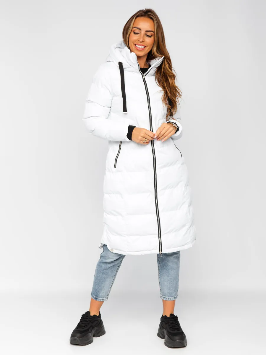 White women's long quilted winter jacket with hood