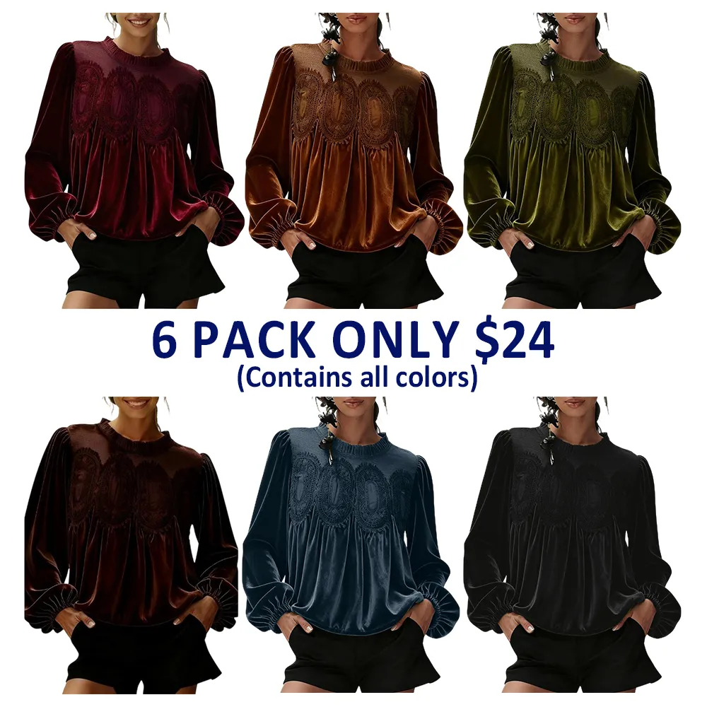 Women'S Long Sleeve Velvet Trim Lace Blouse Elegant Flared Swing Top