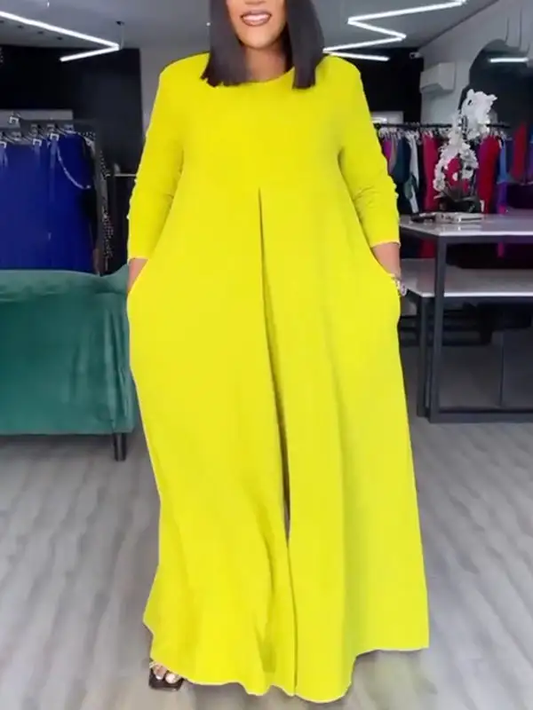 Losse Wijde Zakken Effen Jumpsuits Met Ronde Hals