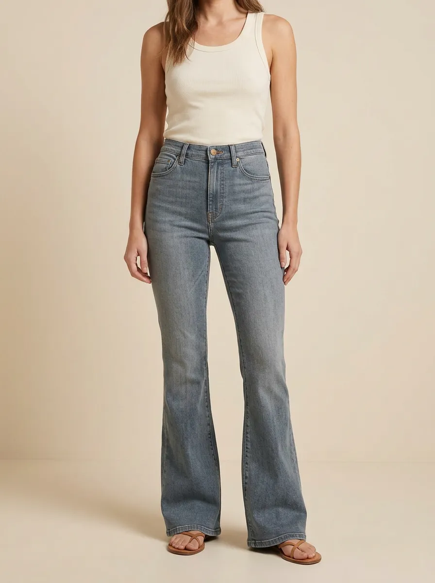 Women's High-Waisted Flare Denim High-Rise Waist Button Jeans