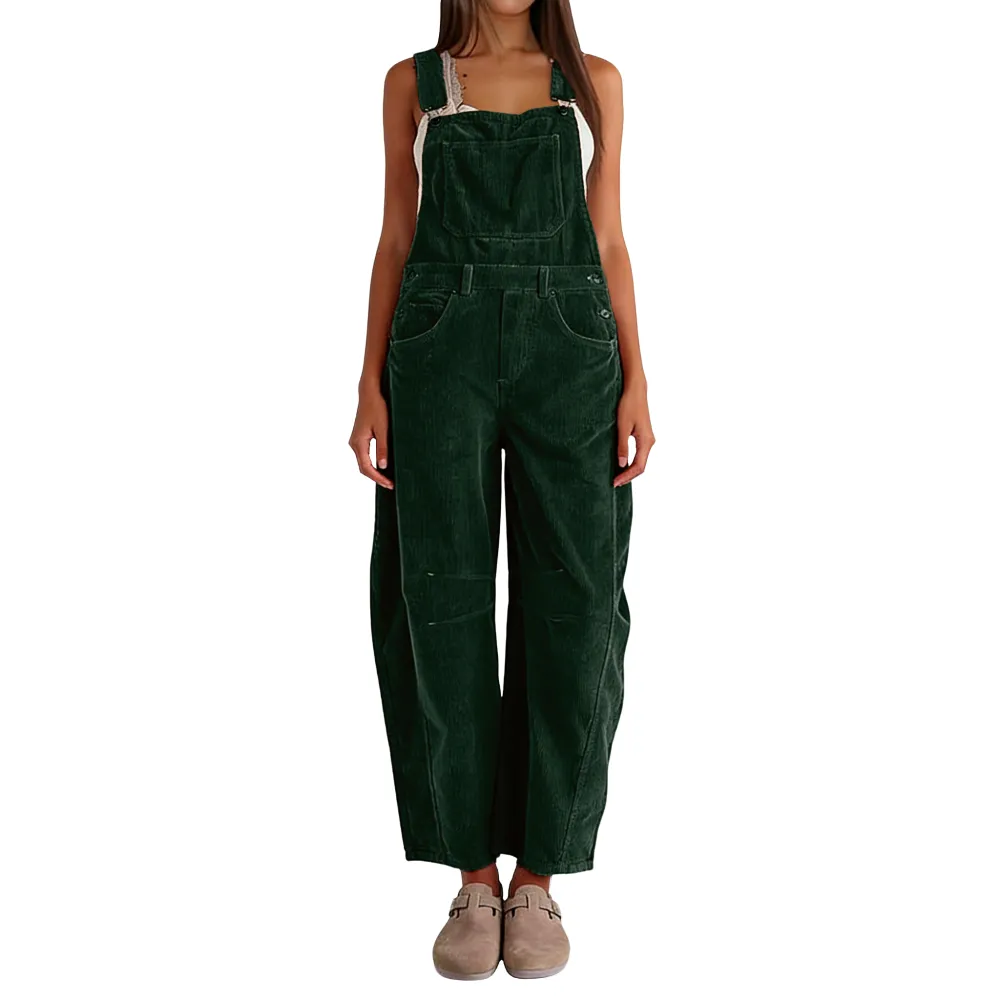 Women Barrel Wide Leg Bib Corduroy Pants