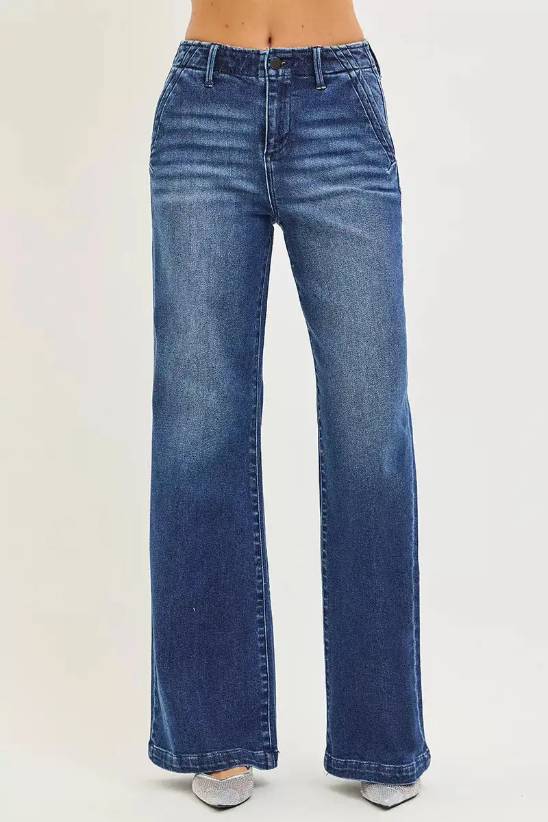 High Rise Slanted Pocket Wide Leg Jeans