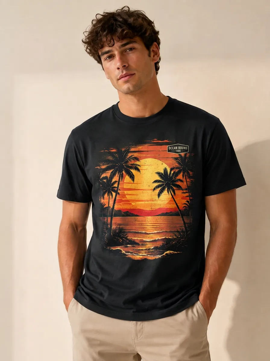 Men's Beach Lover Tropical Sunset Palm Tree Printed T-shirt