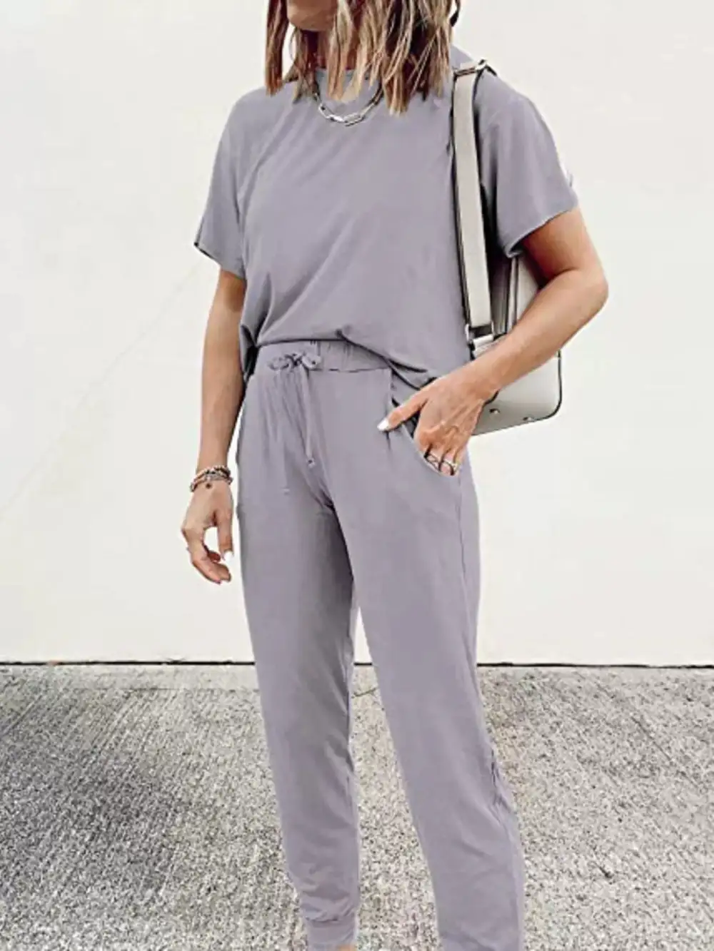 Full Size Round Neck Top and Drawstring Pants Set Plus Size
