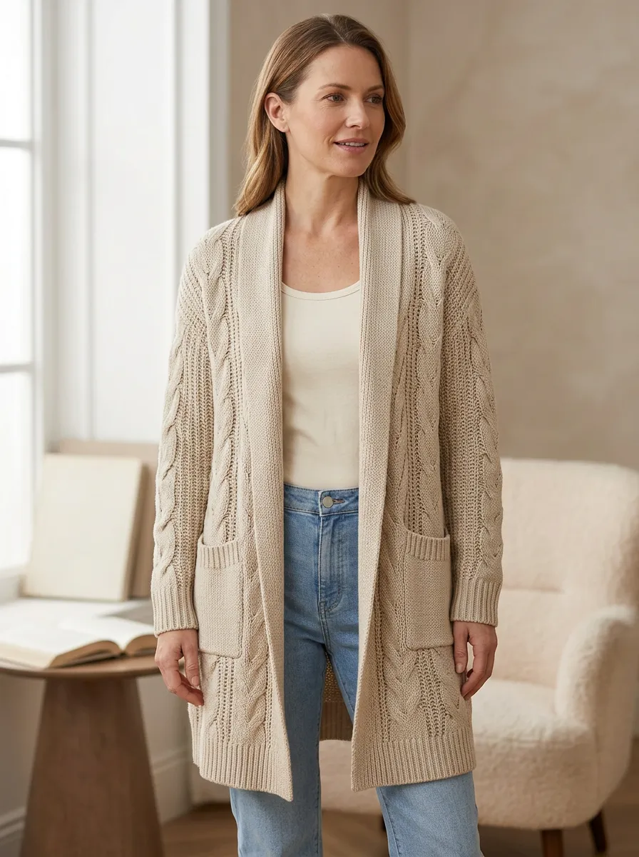 Women's Cable Knit Open-Front Open- Design Wide Shawl Long Cardigan