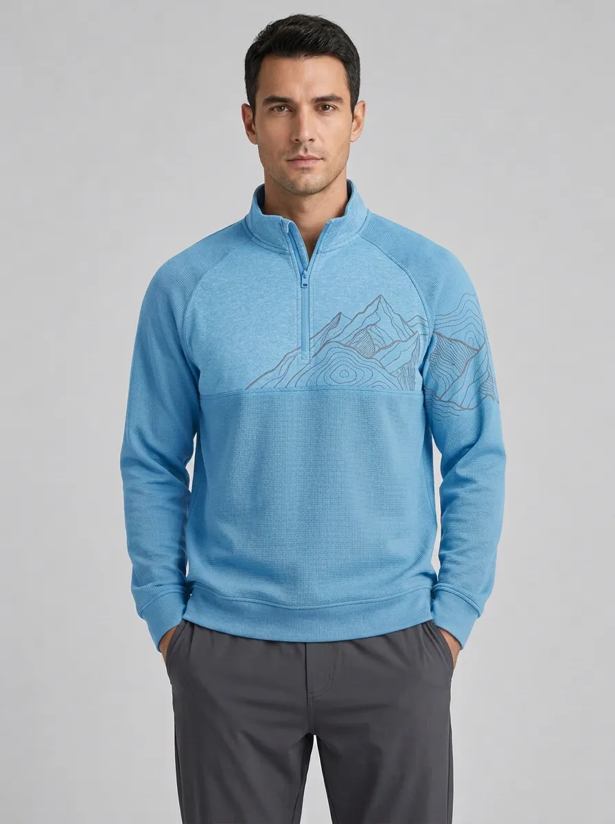 Men's Outdoor Hiking Mountain Topographic Printed Quarter Zip Pullover