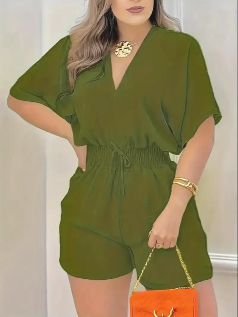 Women's Solid-Color V-Neck Jumpsuit with Drawstring Waist