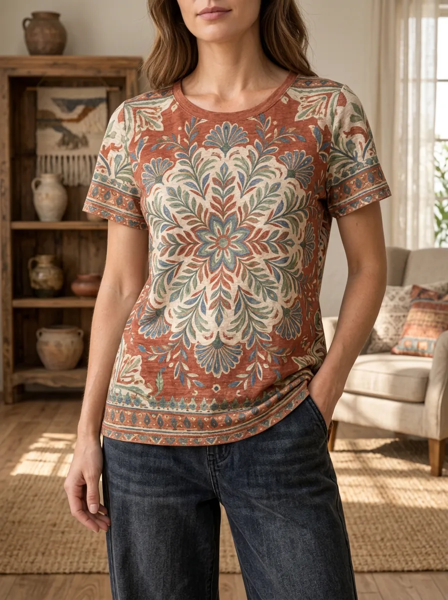 Women's Meadow Bohemian Mandala Floral Crew Neck T-Shirt