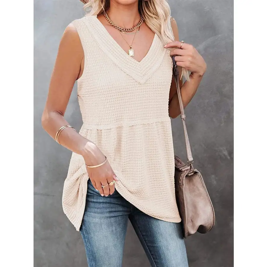 V Neck Waffle Knit Tank Top With