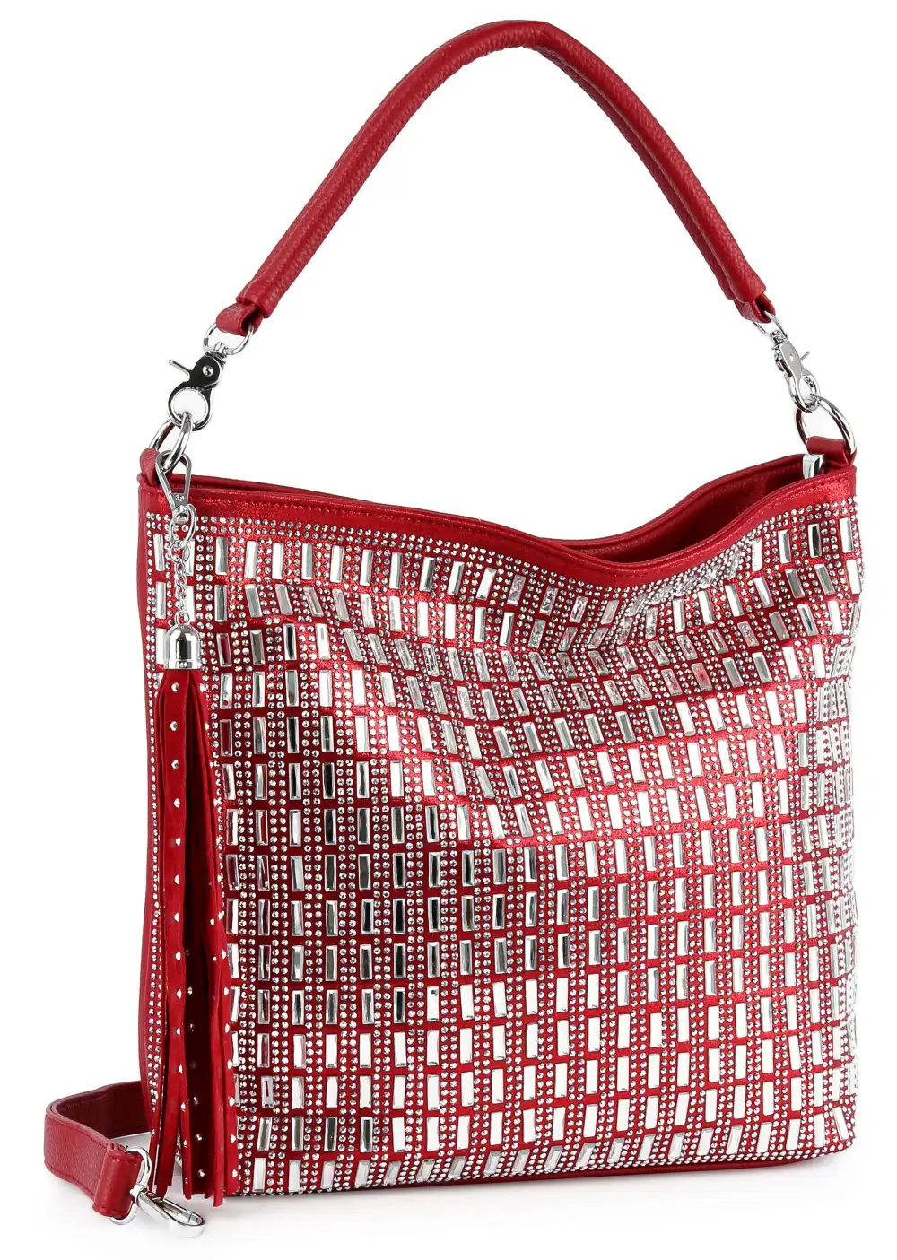Streamlined Detail Crystal Accent Tassel Accent Pocketed Faux Leather Hobo Shoulder Bag