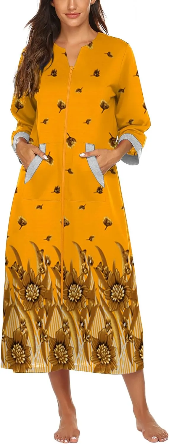 50% OFF Women Zipper Robe 3/4 Sleeves Loungewear Dress Full Length Sleepwear Pockets Housecoat Nightgown Long Bathrobe
