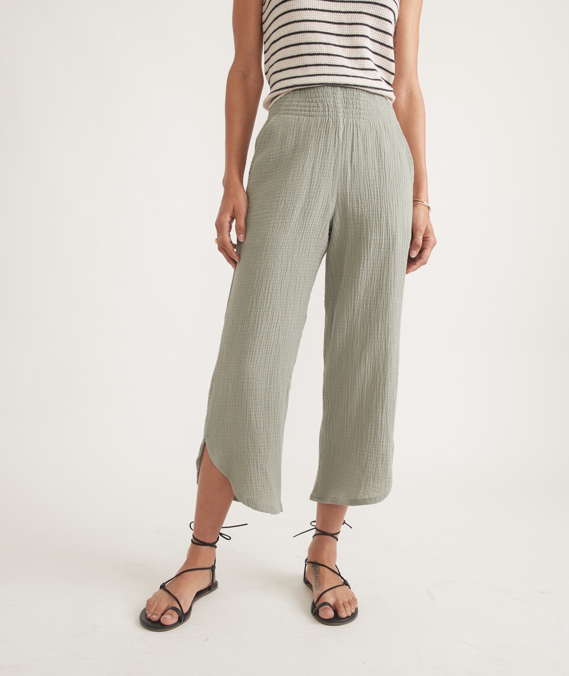 Olive Green Textured Cropped Pants