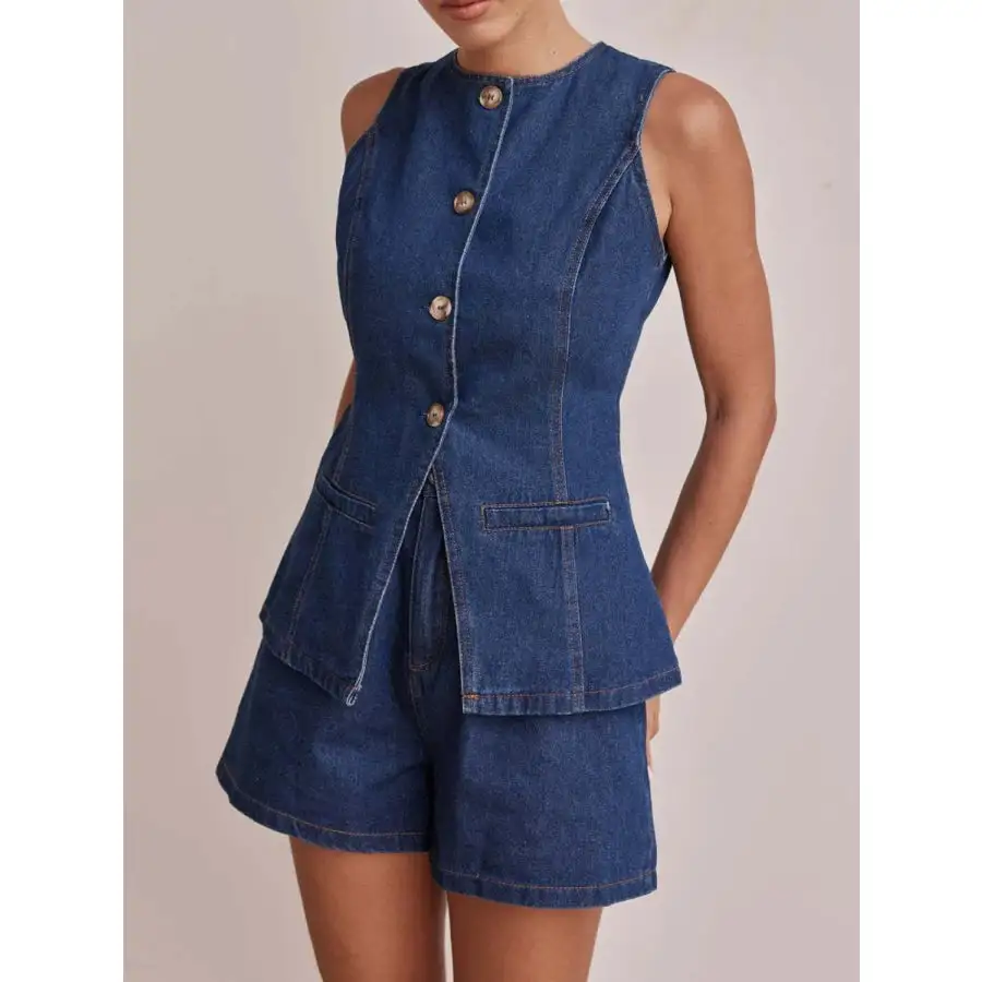 Relaxed Button Down Vest and Shorts Denim Set