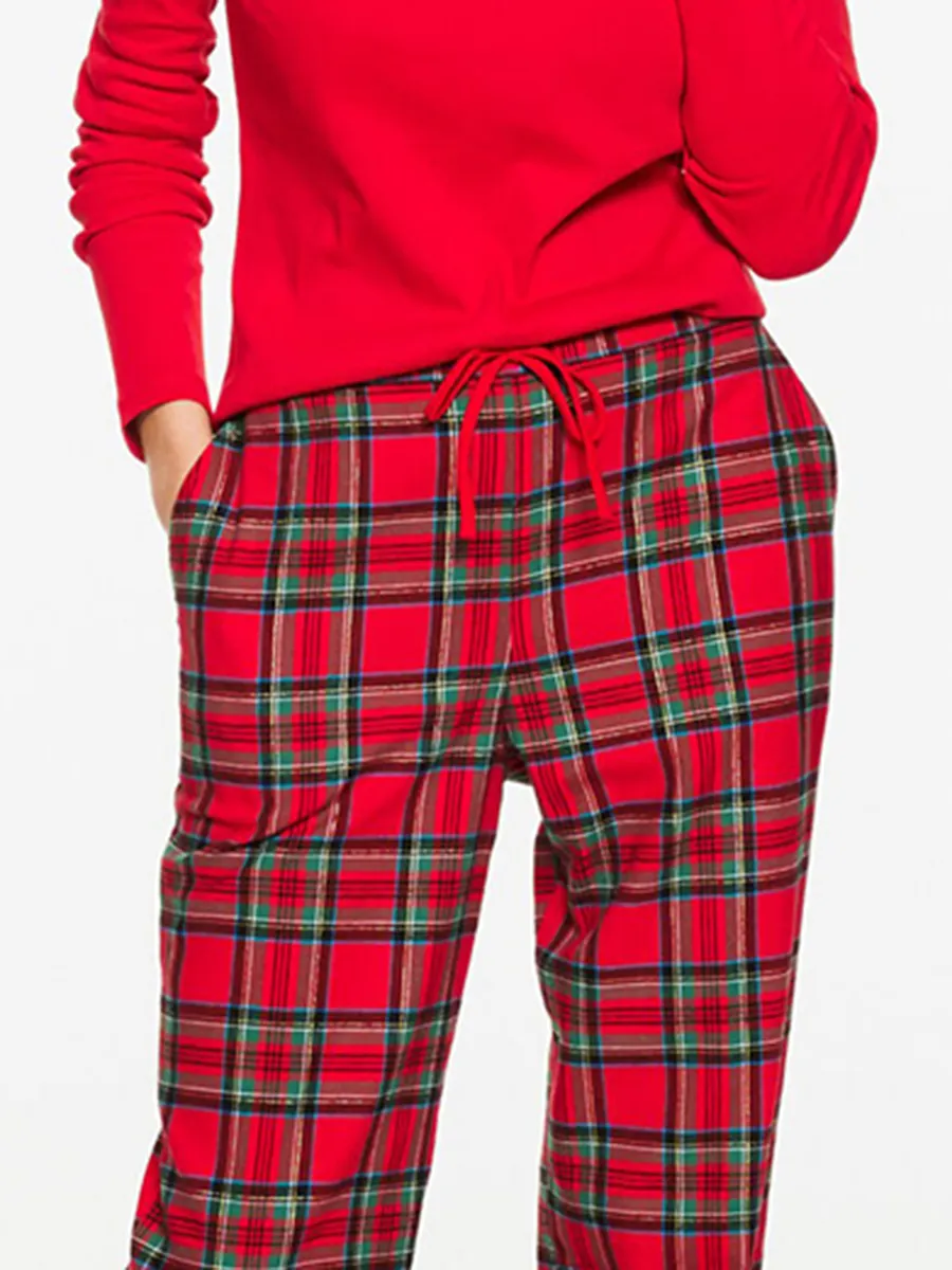 Women'S Cozy Red Plaid Long-Sleeve Loungewear Set