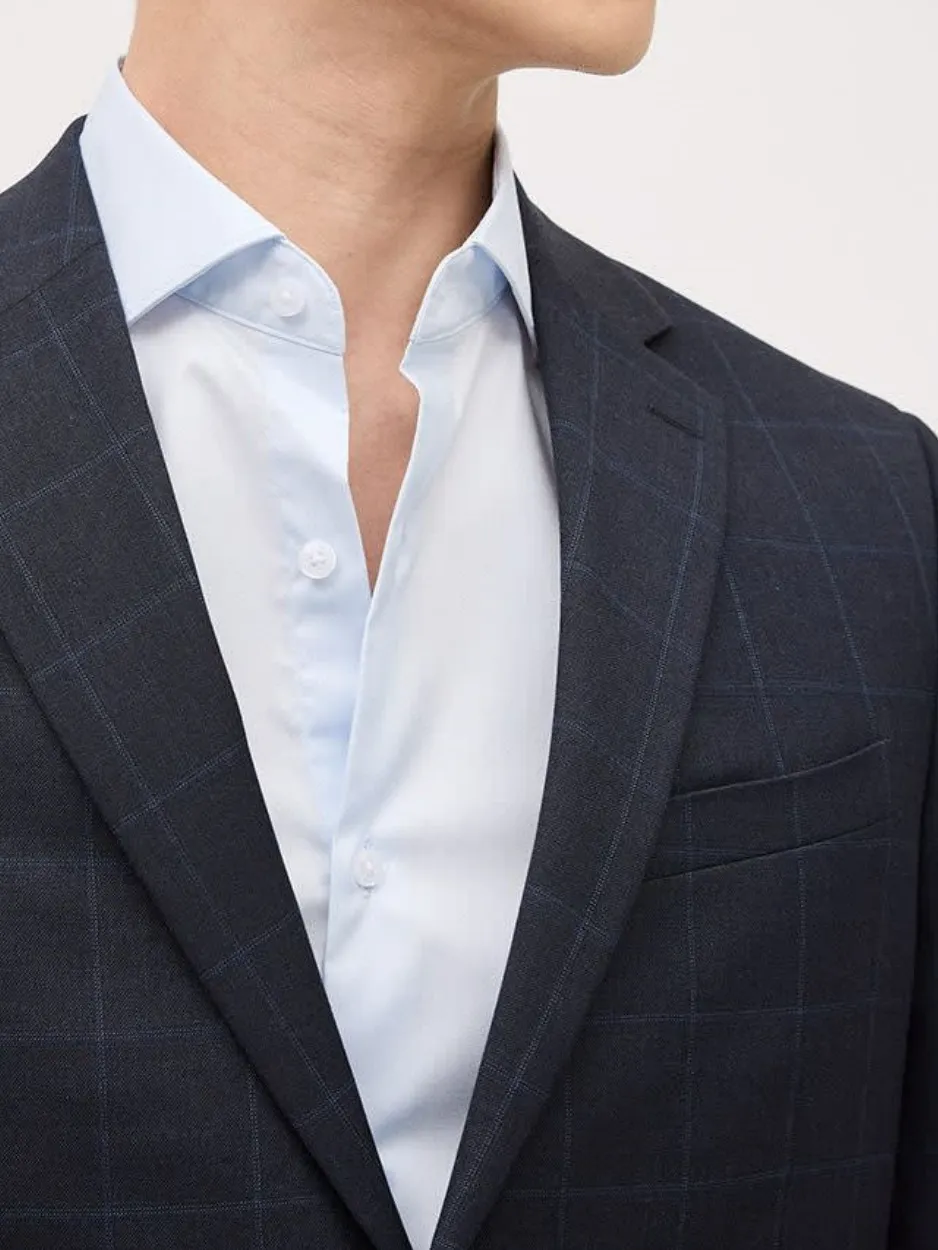 Navy Blue Windowpane Pattern Business Style Suit Blazer