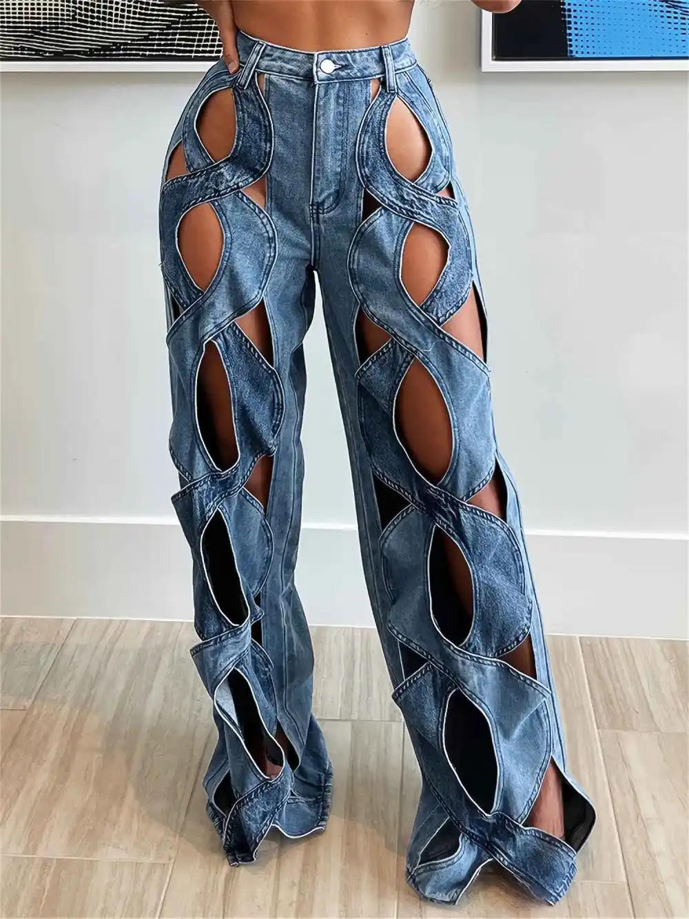High-waisted Distressed Denim Jeans - Hollow-out Design