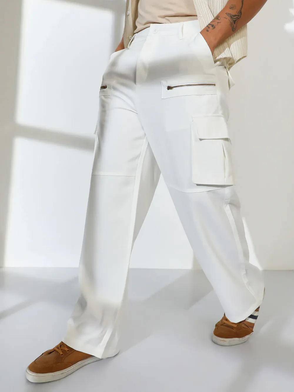 White Mid-Rise Straight-Fit Utility Trousers
