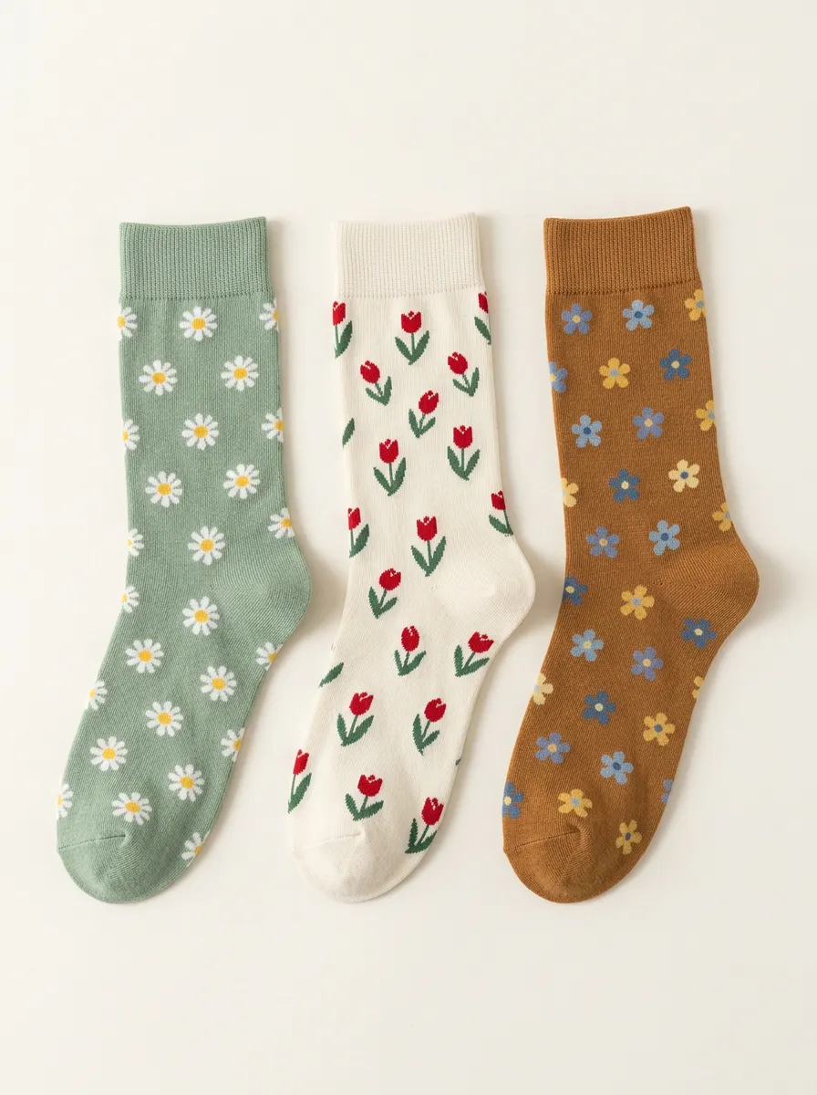 Casual Daisy Tulip Floral Three Pair Sock Set
