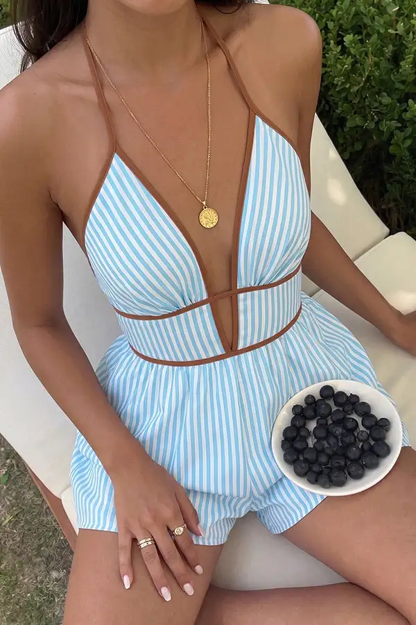 V Neck Stripe Print Halter Neck Romper