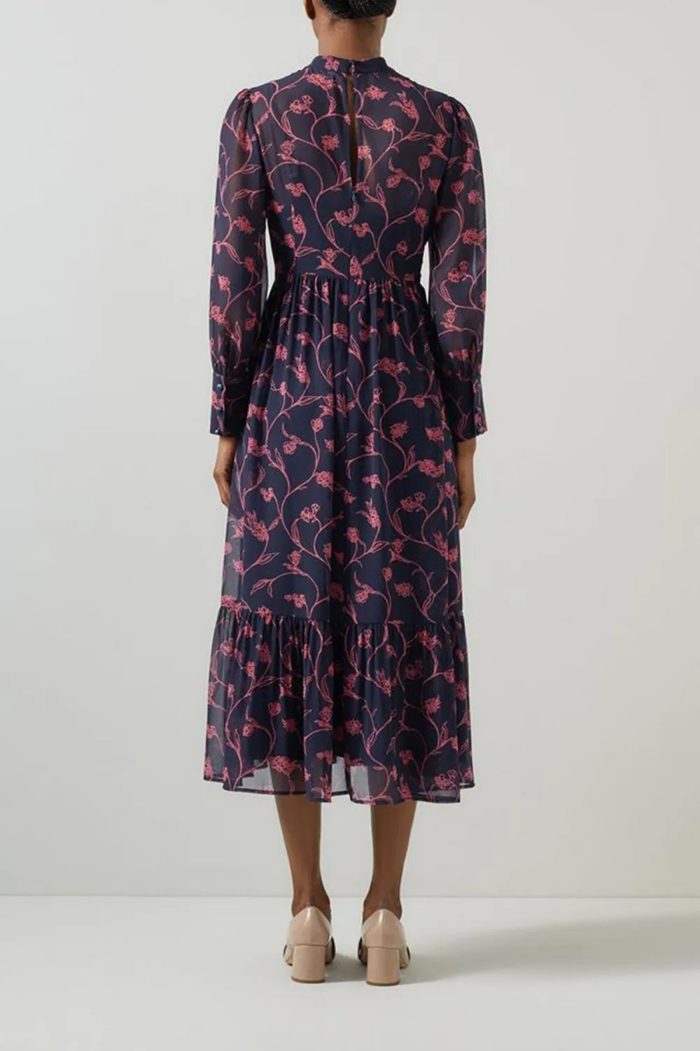 Navy Blue Floral Print Long Sleeve Midi Dress