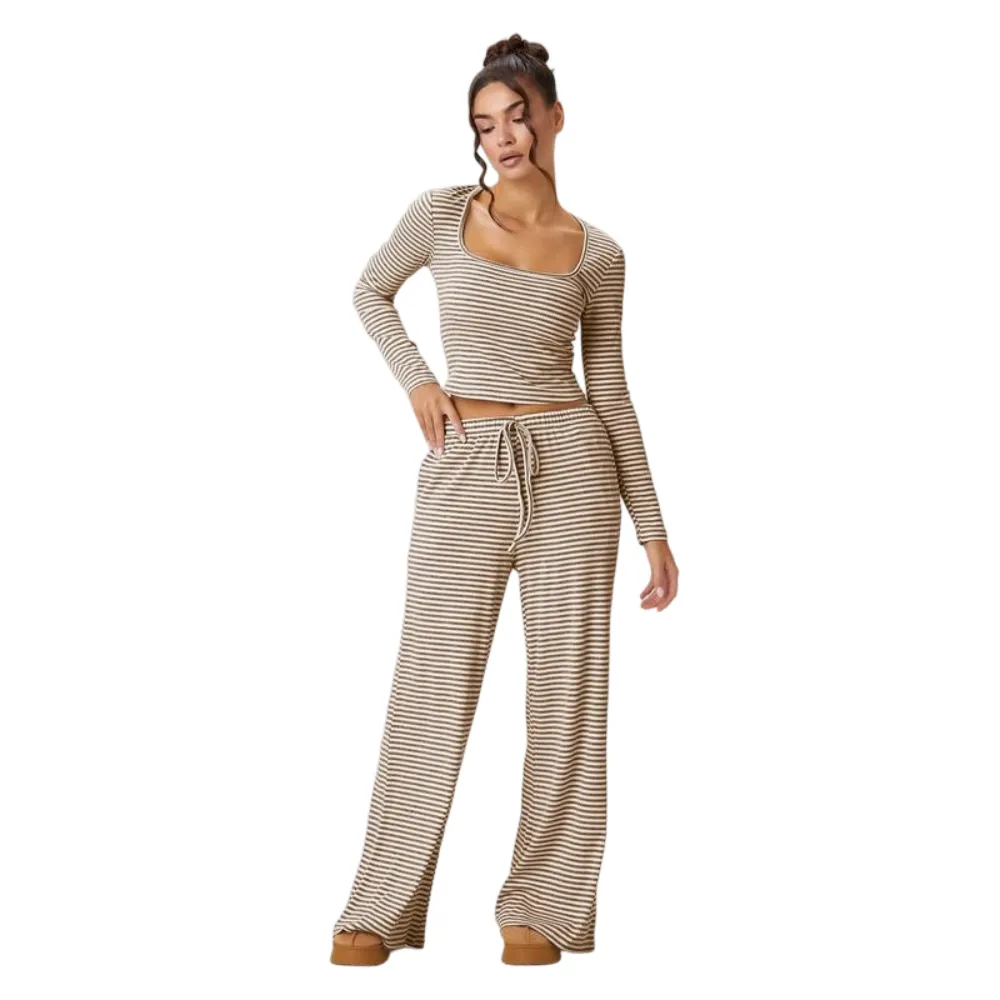 Women's Slouchy Square Neck Stripe Long Sleeve Crop Top & Low-Rise Wide Leg Trousers Co-ord