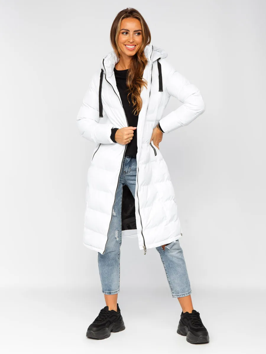 White women's long quilted winter jacket with hood