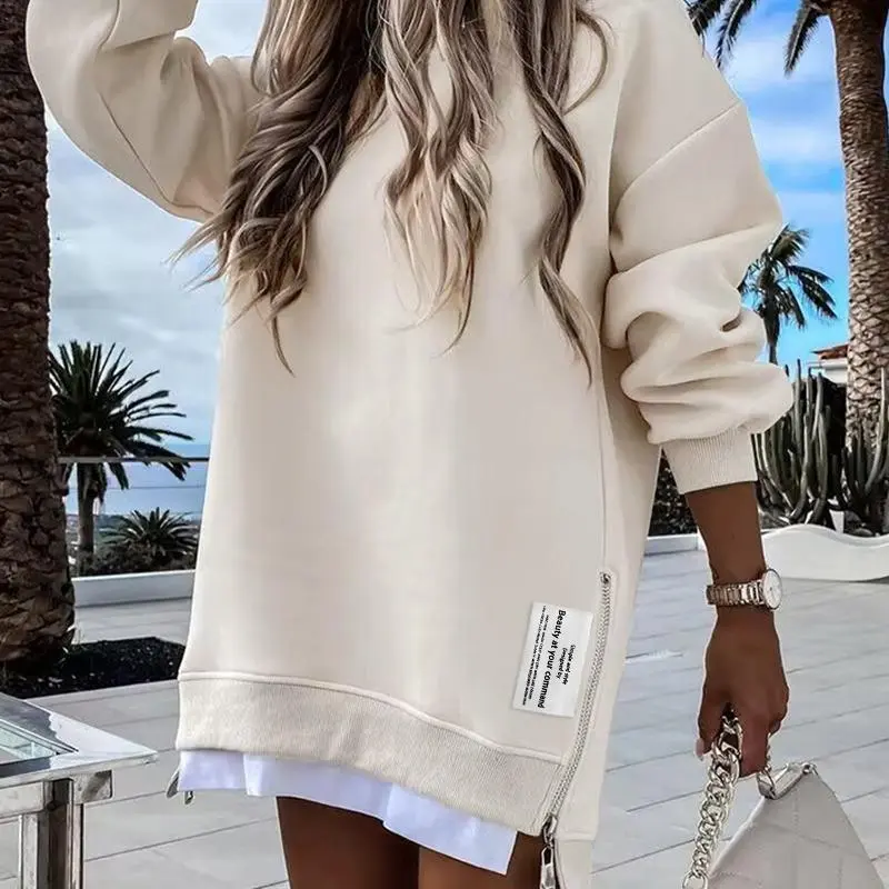Women's Long Sleeve Pullover Sweatshirt Zipper Slit Casual Dress Drop Shoulder Oversized Outfits
