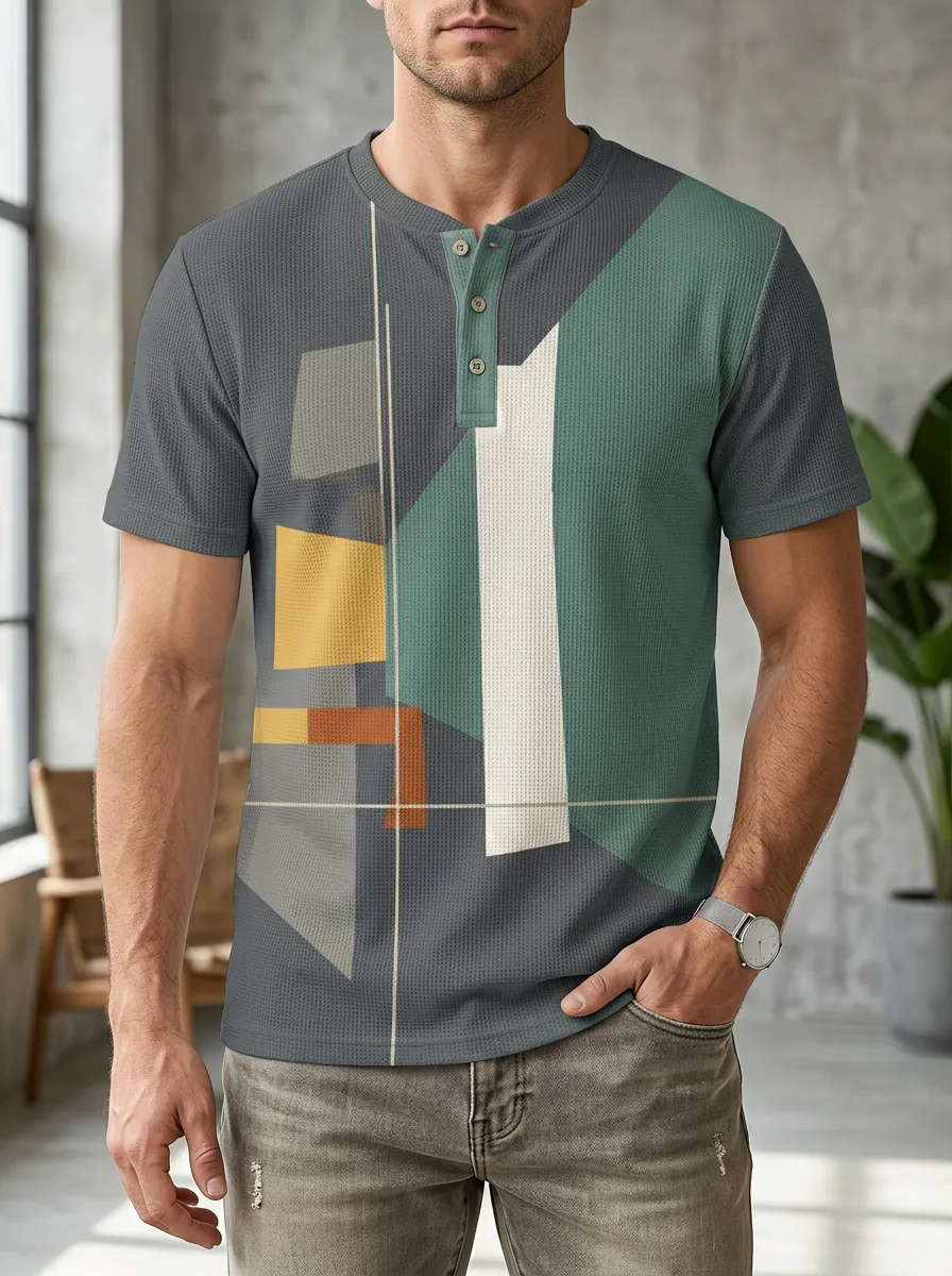 Men's Classic Geometric Abstract Henley T-Shirt