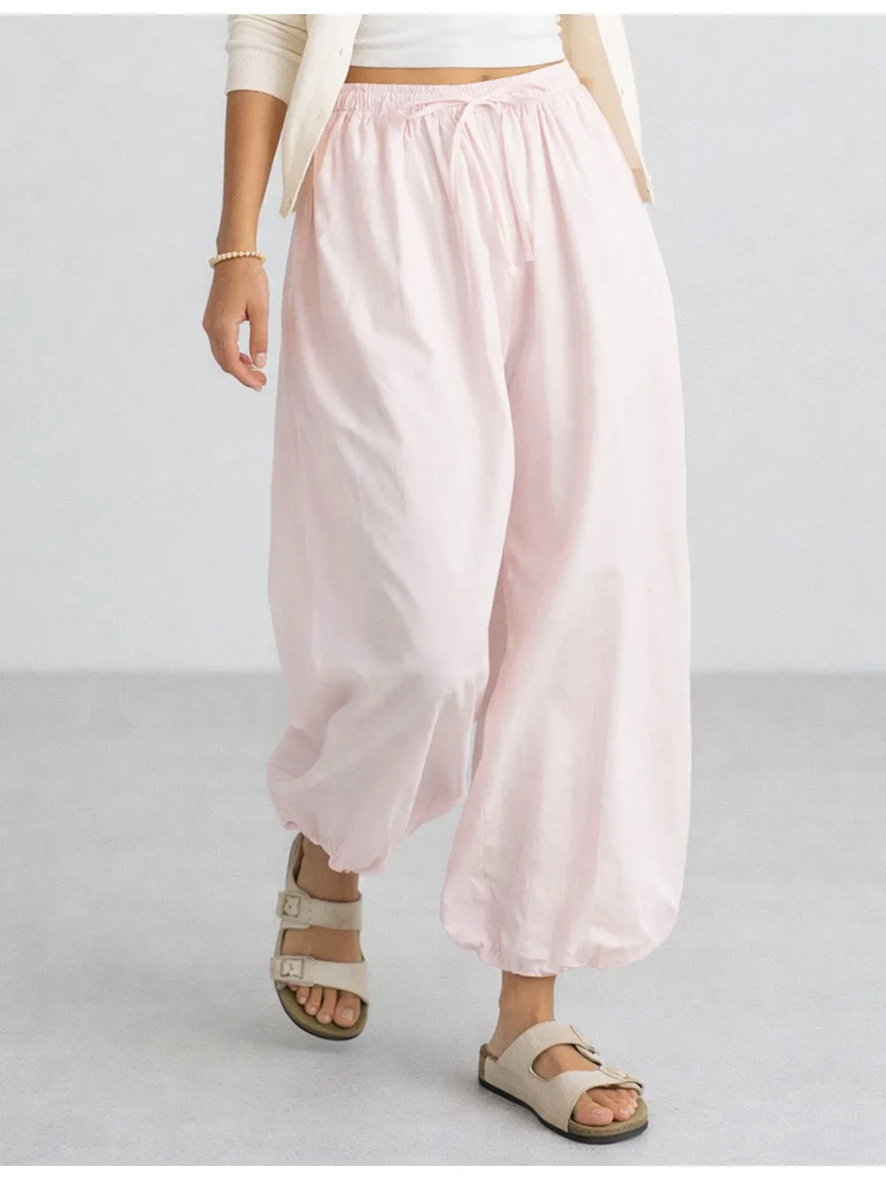 Solid Color Elastic Waist Drawstring Lantern Pants
