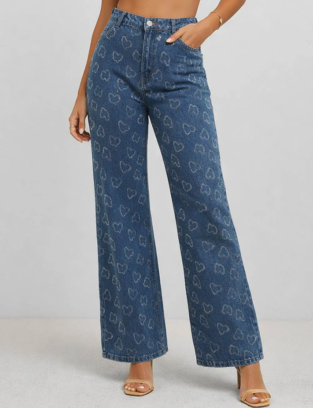 Heart Jacquard Button Wide Leg Denim Pants