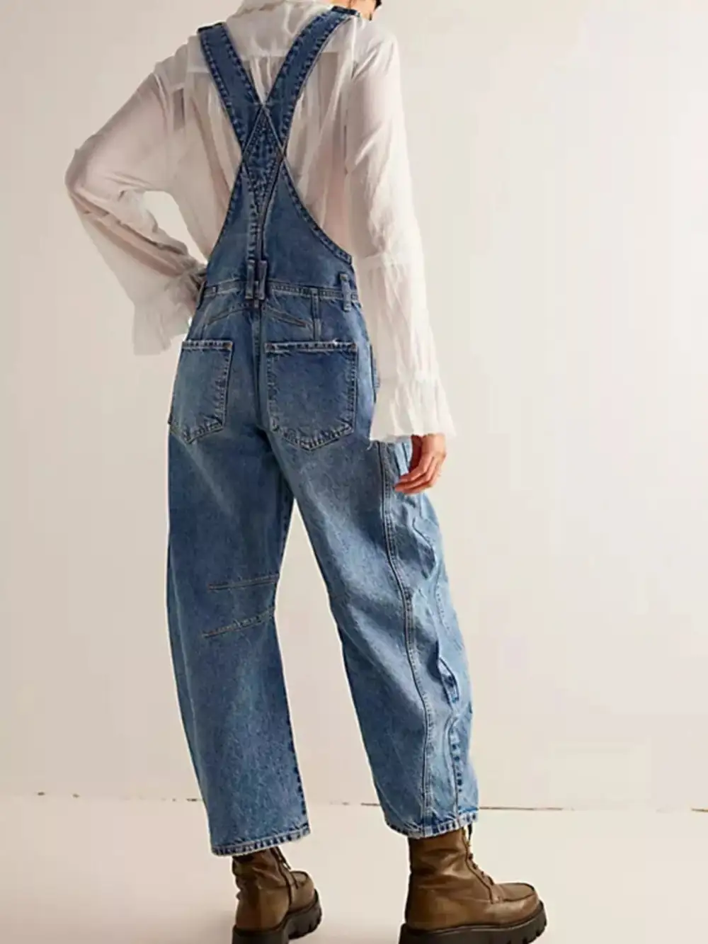 Wide Strap Wide Leg Denim Overalls Full-Length Bib Overalls