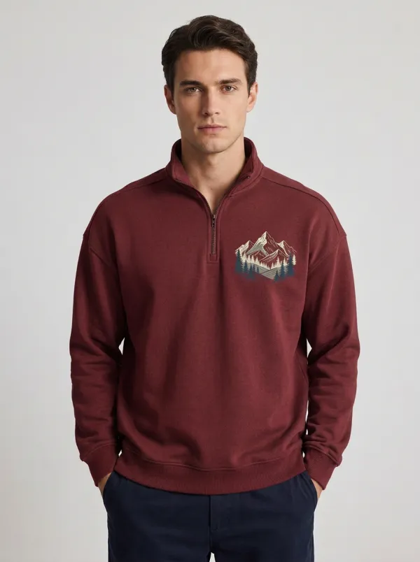 Men's Nature Mountain Forest Graphic Quarter-Zip-Neck Sweatshirt